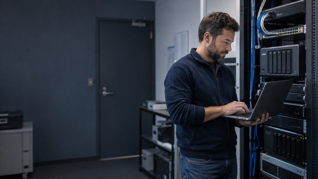 Administrator IT sprawdza systemy serwerowe i lokalne repozytorium kopii zapasowych