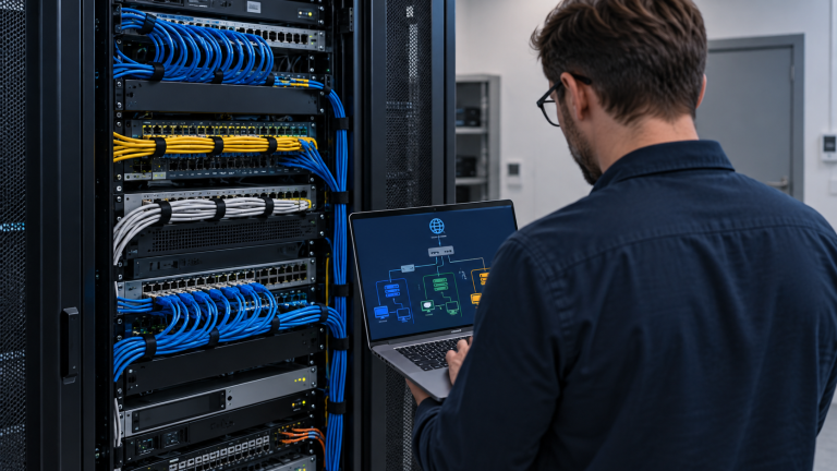 Administrator konfiguruje segmentację sieci VLAN w szafie rack