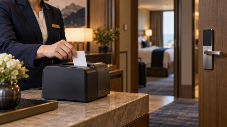 Pracownik hotelu programuje kartę RFID dla gościa na recepcji