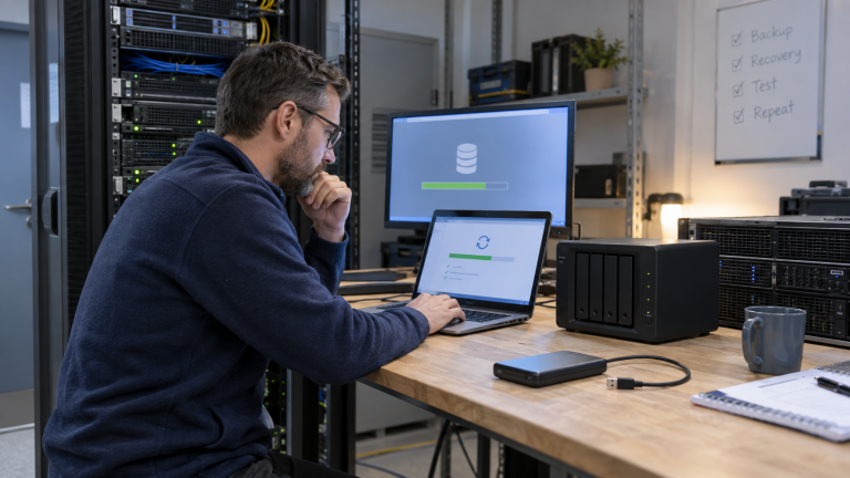 Administrator IT testuje odtworzenie kopii zapasowej obok serwera i NAS-a