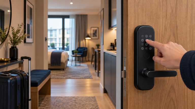Gość wpisuje kod na elektronicznym zamku przy wejściu do apartamentu