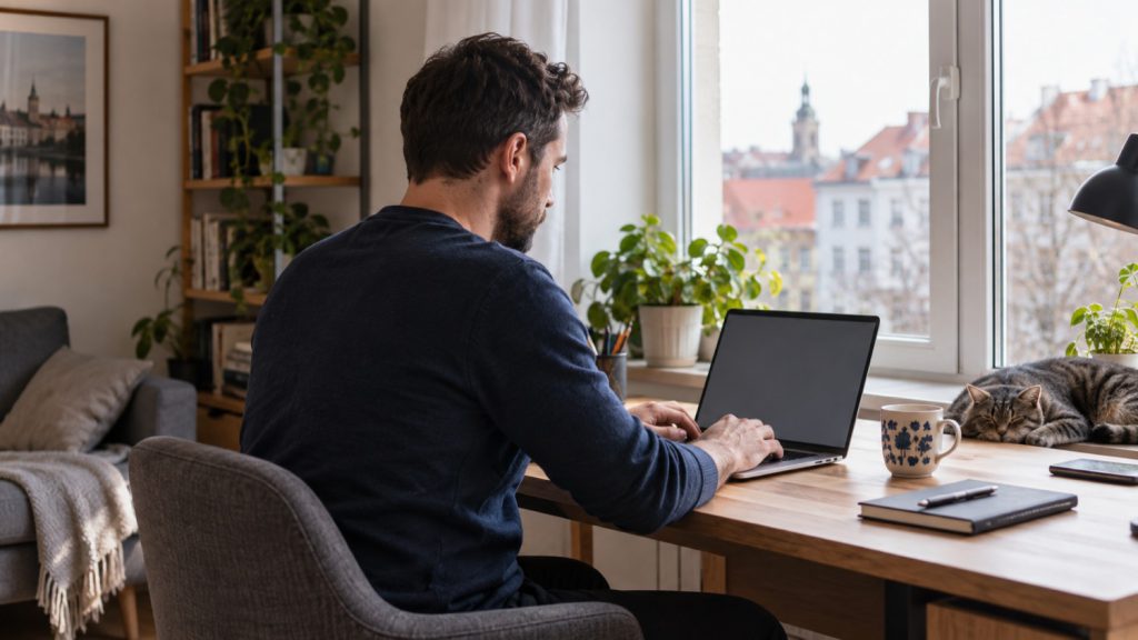 Pracownik korzystający z laptopa w domowym miejscu pracy