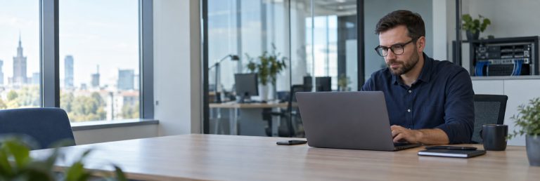 Specjalista IT pracujący zdalnie przy laptopie w biurze